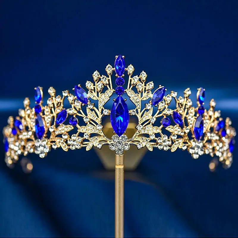 European & American Bride Crown with Red & Blue Crystal