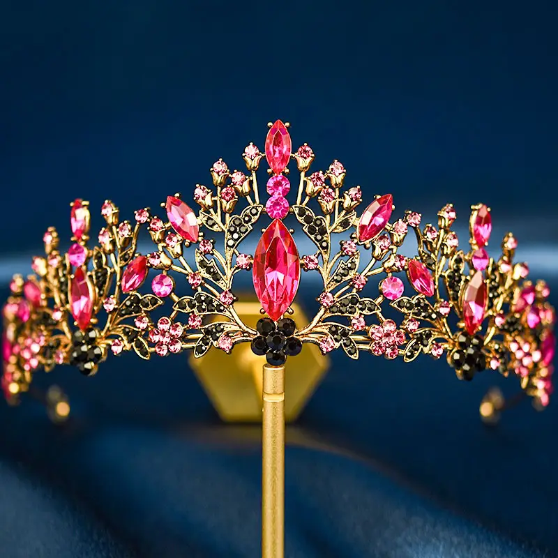 European & American Bride Crown with Red & Blue Crystal