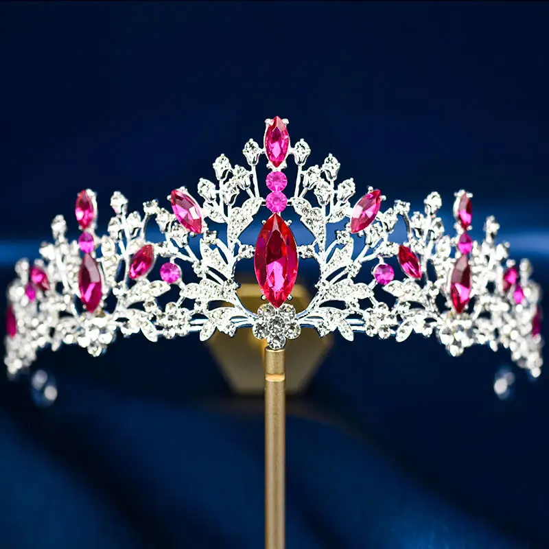 European & American Bride Crown with Red & Blue Crystal