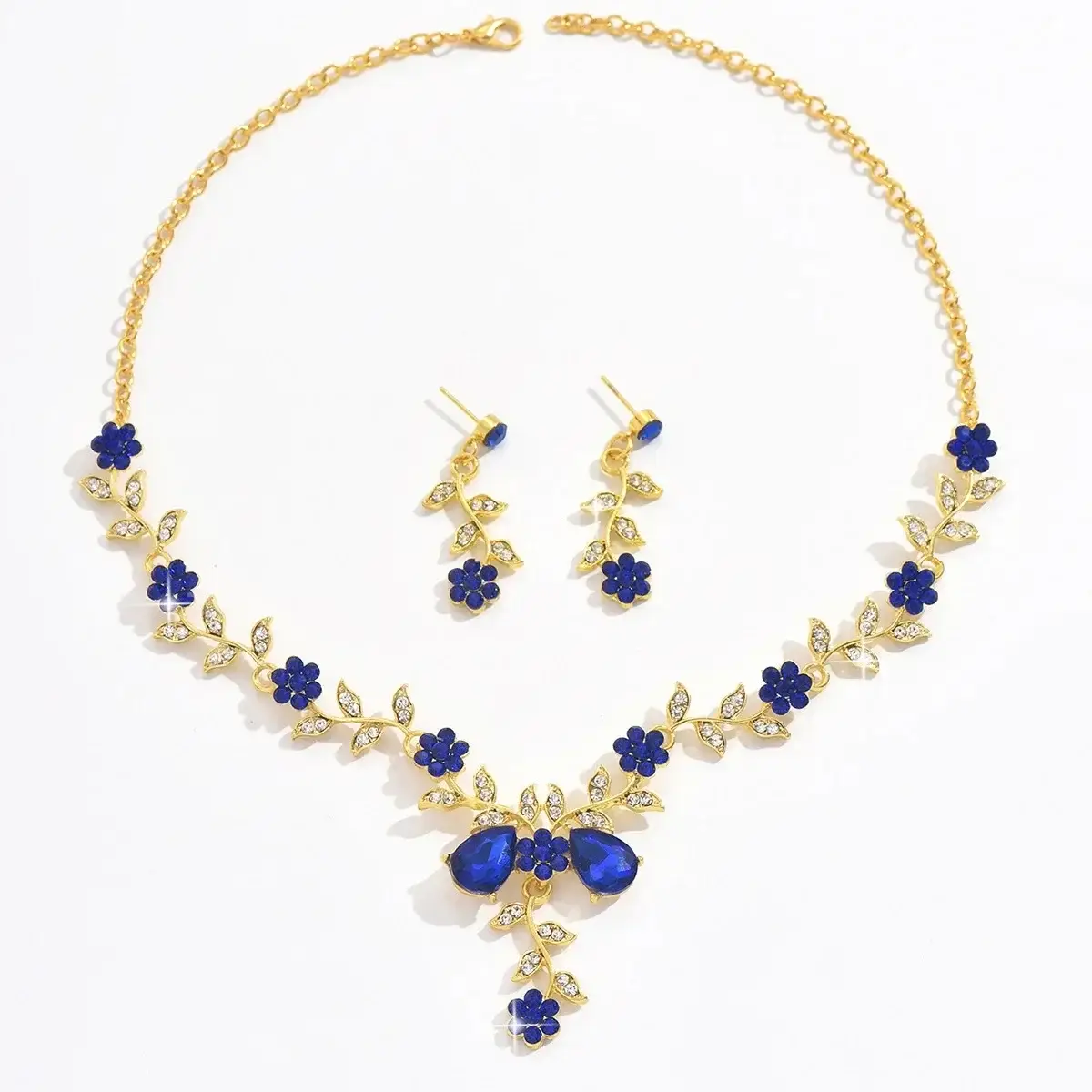 Women Sunflower Rhinestone Necklace Earrings Set Purple Crystal