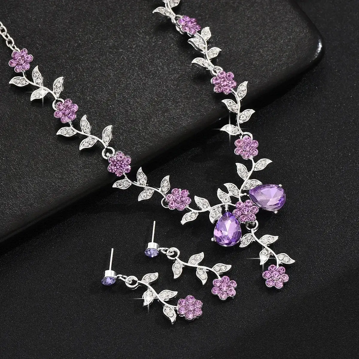 Women Sunflower Rhinestone Necklace Earrings Set Purple Crystal