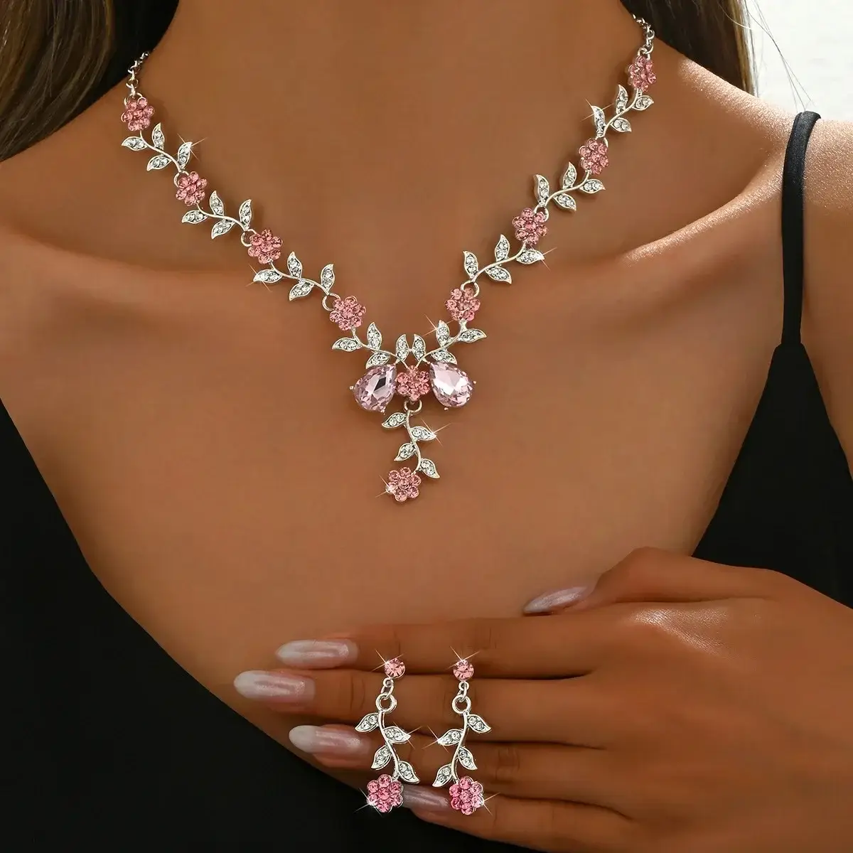 Women Sunflower Rhinestone Necklace Earrings Set Purple Crystal