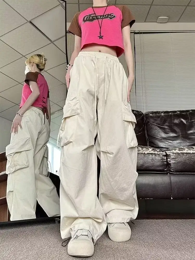 Apricot Multi-Flap Pocket Pants for Women Spring Fall New High-Waisted Loose Wide-Leg Slim Versatile Casual Pants Trendy — feature 19