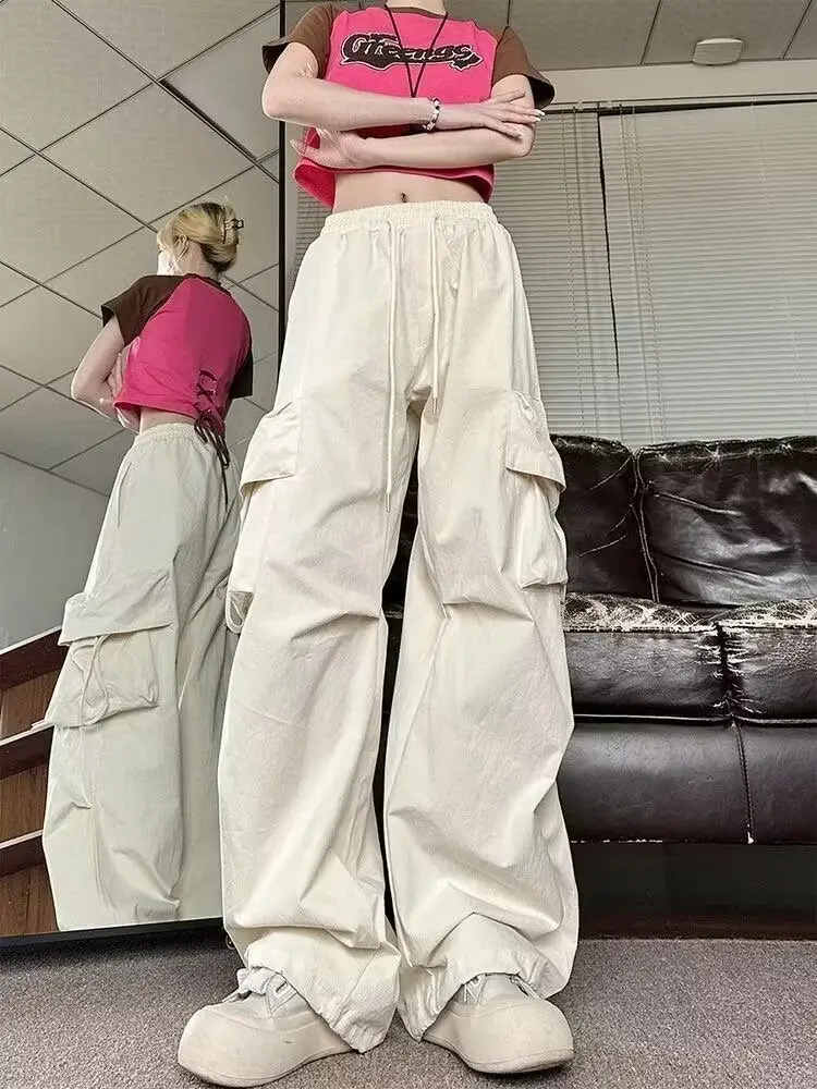 Apricot Multi-Flap Pocket Pants for Women Spring Fall New High-Waisted Loose Wide-Leg Slim Versatile Casual Pants Trendy — feature 20