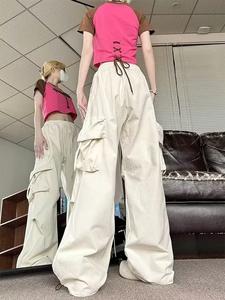 Apricot Multi-Flap Pocket Pants for Women Spring Fall New High-Waisted Loose Wide-Leg Slim Versatile Casual Pants Trendy — feature 21