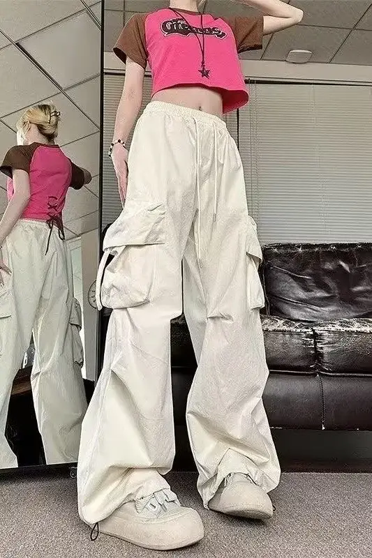 Apricot Multi-Flap Pocket Pants for Women Spring Fall New High-Waisted Loose Wide-Leg Slim Versatile Casual Pants Trendy — feature 30