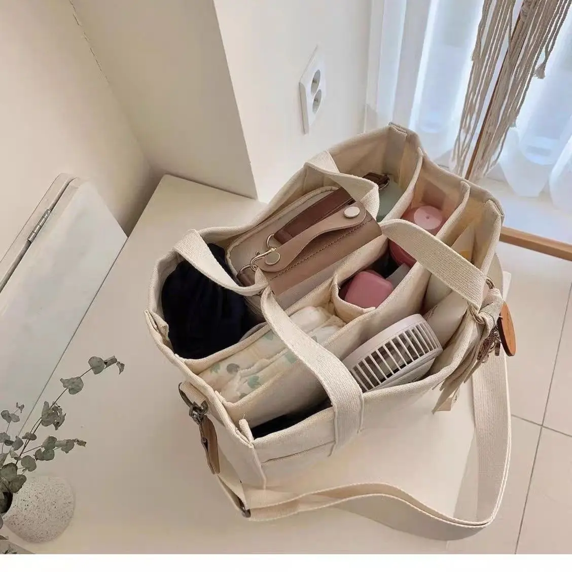 White Canvas Shoulder Crossbody Tote Bag with Multiple Compartments - Image 2