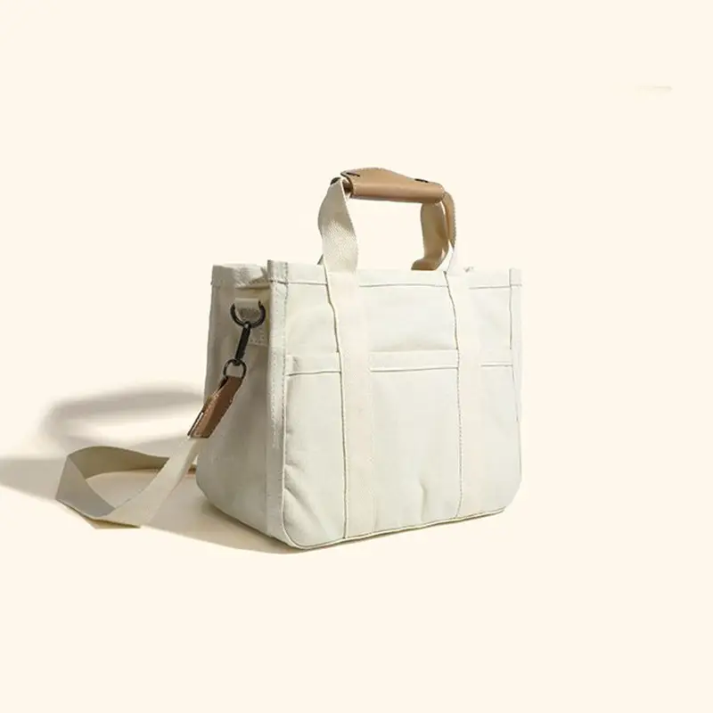White Canvas Shoulder Crossbody Tote Bag with Multiple Compartments - Image 3