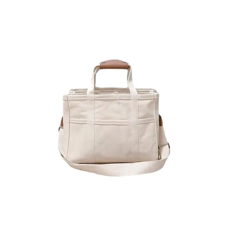 White Canvas Shoulder Crossbody Tote Bag with Multiple Compartments - Image 5