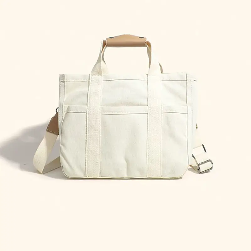 White Canvas Shoulder Crossbody Tote Bag with Multiple Compartments — feature 1