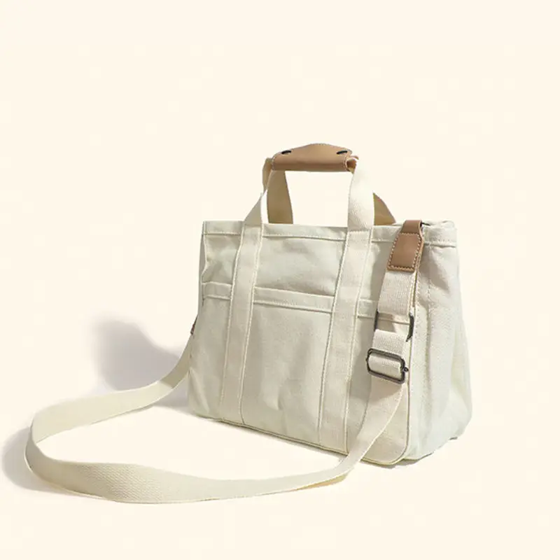 White Canvas Shoulder Crossbody Tote Bag with Multiple Compartments — feature 3