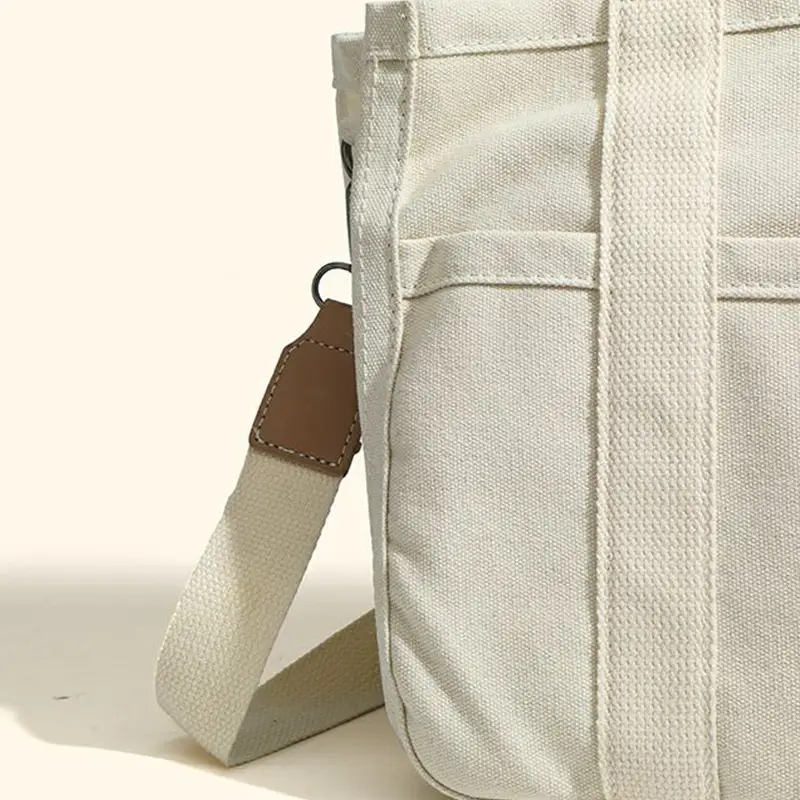 White Canvas Shoulder Crossbody Tote Bag with Multiple Compartments — feature 4