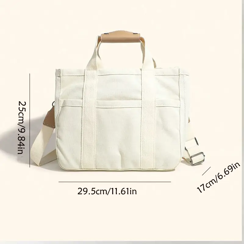 White Canvas Shoulder Crossbody Tote Bag with Multiple Compartments — feature 8