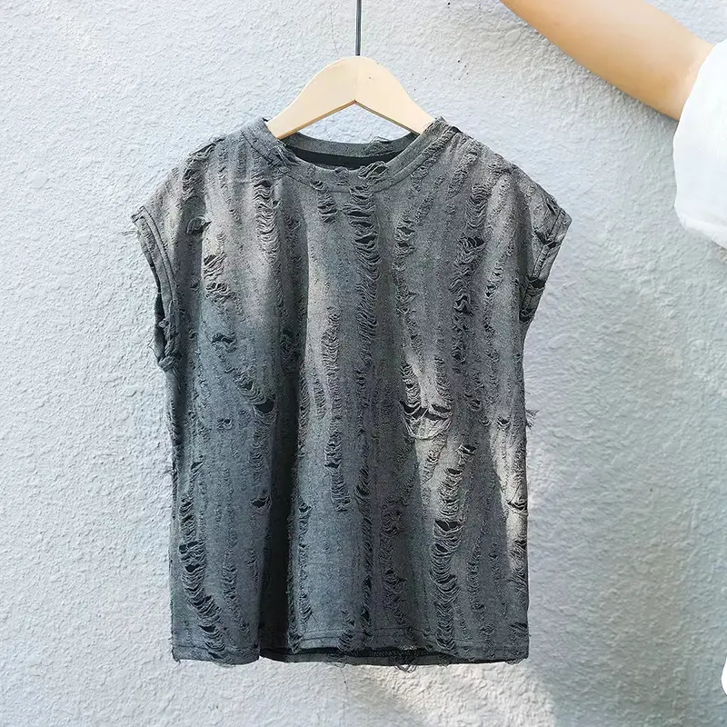 2024 New Kids Vest Sleeveless Vest T-Shirt Boys Retro Hole Western Style - Image 4