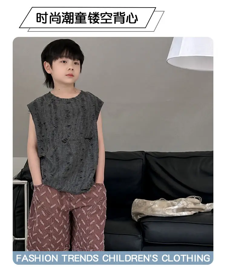 2024 New Kids Vest Sleeveless Vest T-Shirt Boys Retro Hole Western Style — feature 1