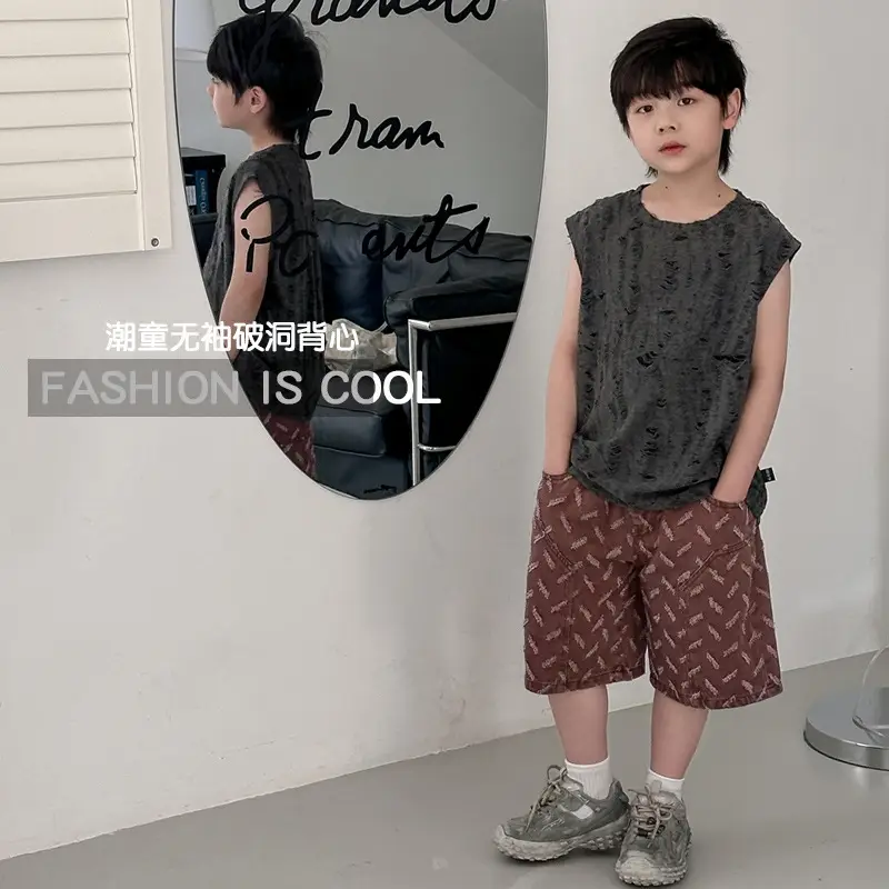2024 New Kids Vest Sleeveless Vest T-Shirt Boys Retro Hole Western Style — feature 10