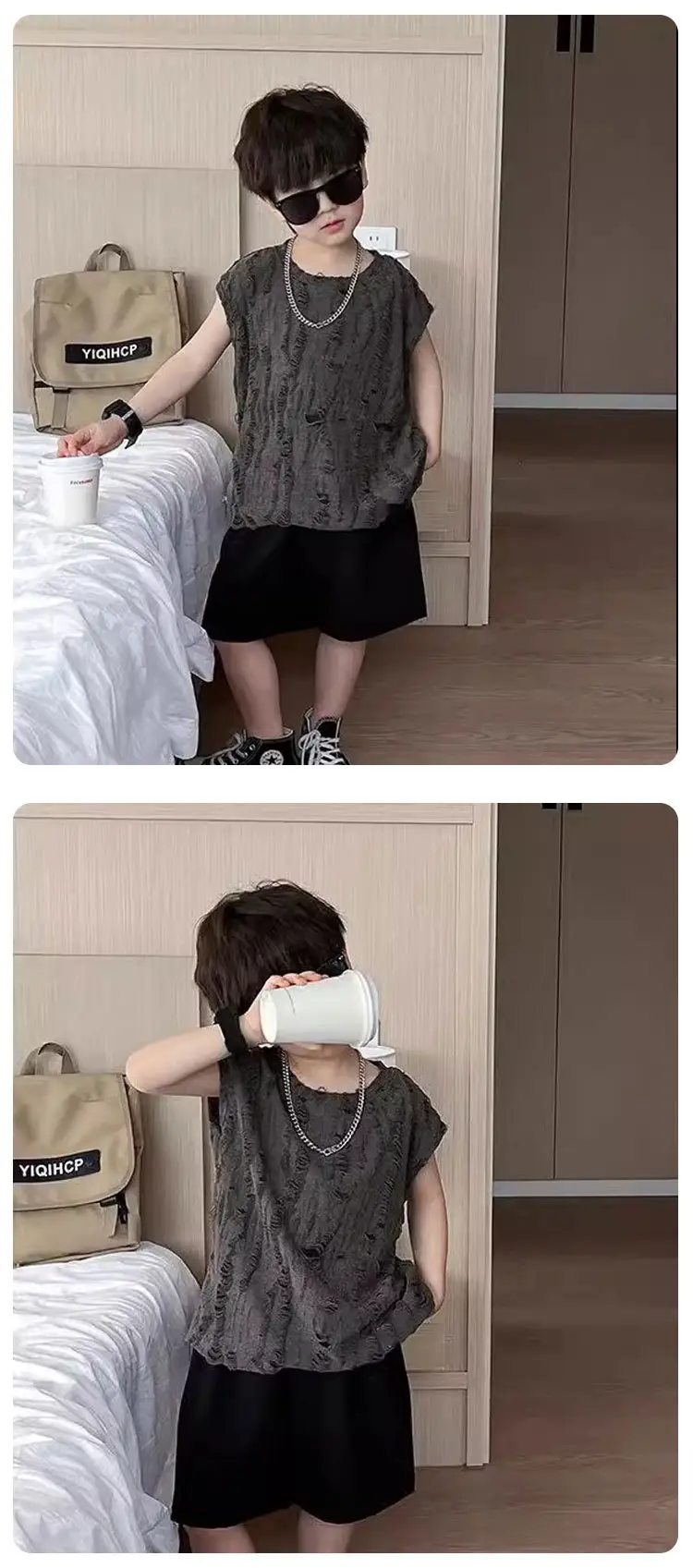 2024 New Kids Vest Sleeveless Vest T-Shirt Boys Retro Hole Western Style — feature 6