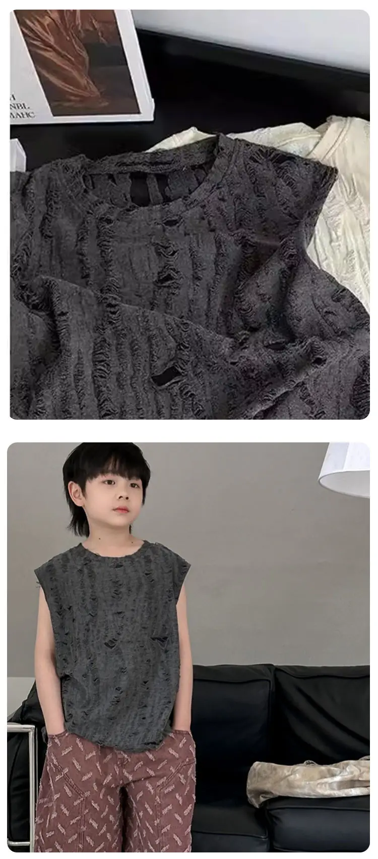 2024 New Kids Vest Sleeveless Vest T-Shirt Boys Retro Hole Western Style — feature 7