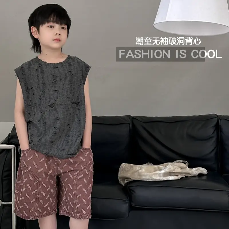 2024 New Kids Vest Sleeveless Vest T-Shirt Boys Retro Hole Western Style — feature 9