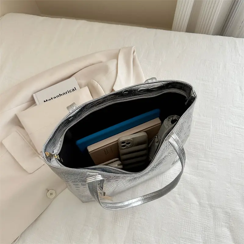 Silver Croc PU Shoulder Bag for Women