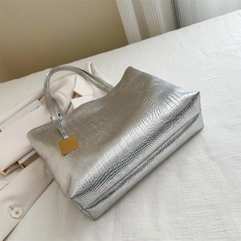 Silver Croc PU Shoulder Bag for Women