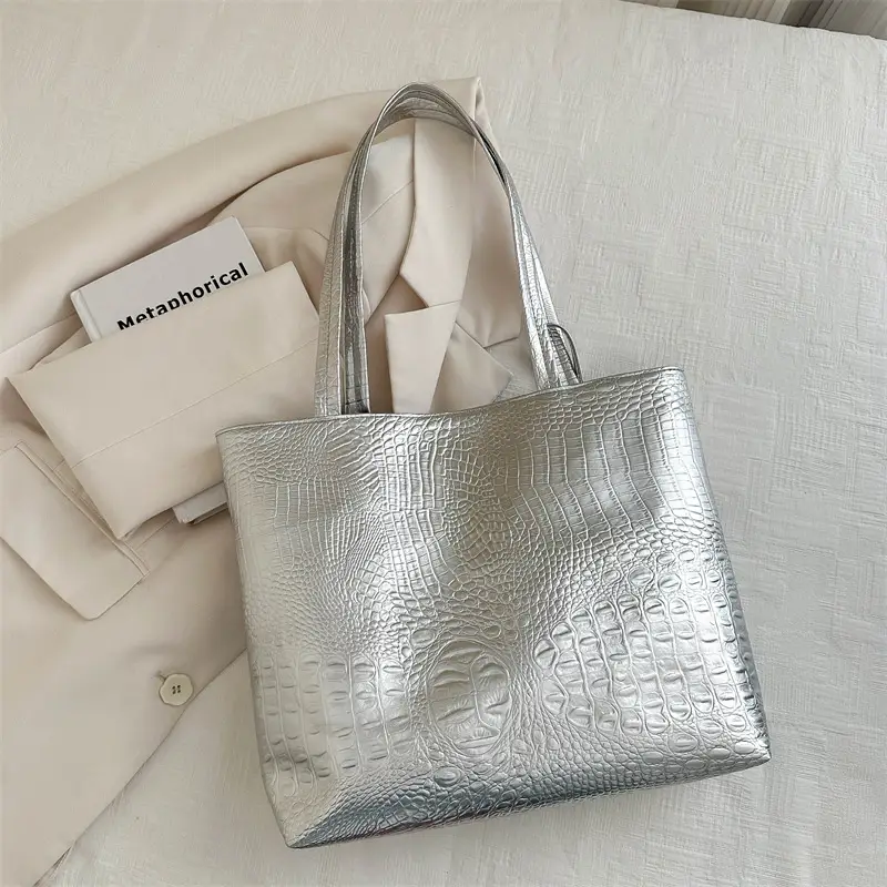 Silver Croc PU Shoulder Bag for Women