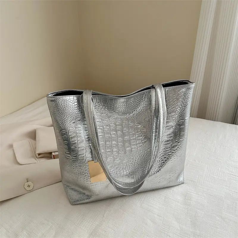 Silver Croc PU Shoulder Bag for Women