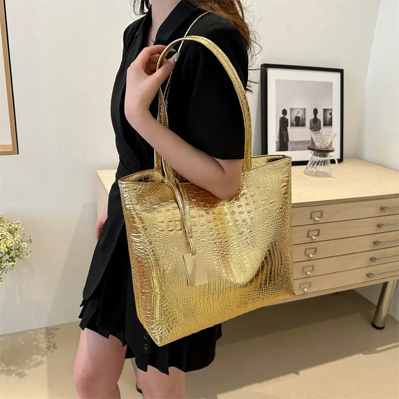 Silver Croc PU Shoulder Bag for Women