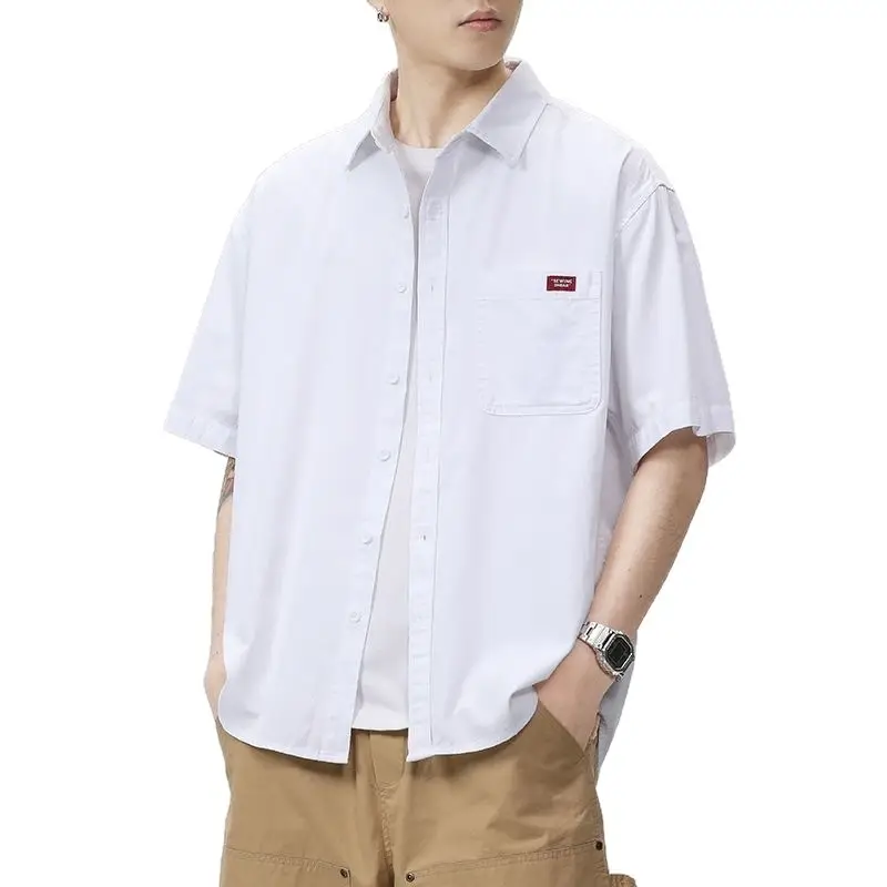 White Men's Half-Sleeve Japanese Lapel Shirt