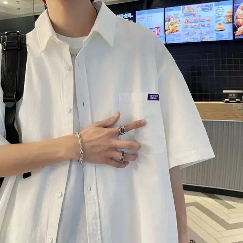 White Men's Half-Sleeve Japanese Lapel Shirt
