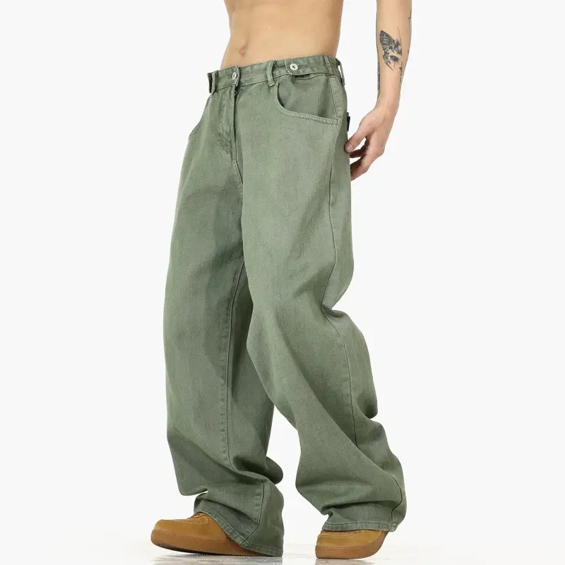 Men's Green Wide Leg Wash Denim Pants Dipped Design - Image 2