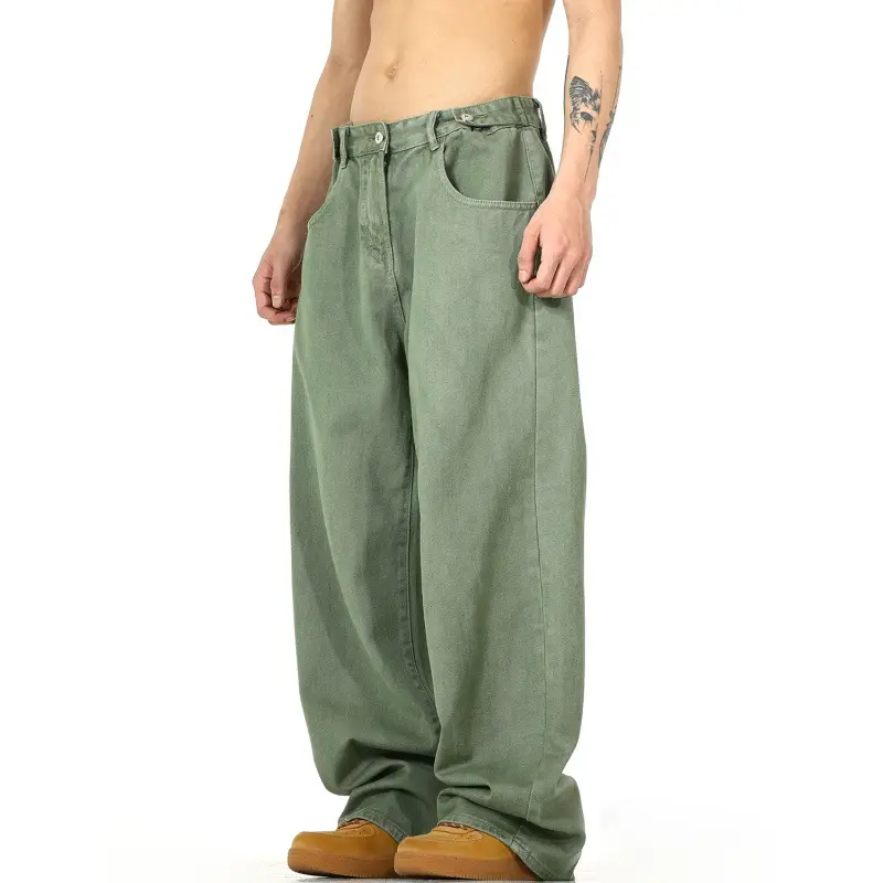 Men's Green Wide Leg Wash Denim Pants Dipped Design - Image 3