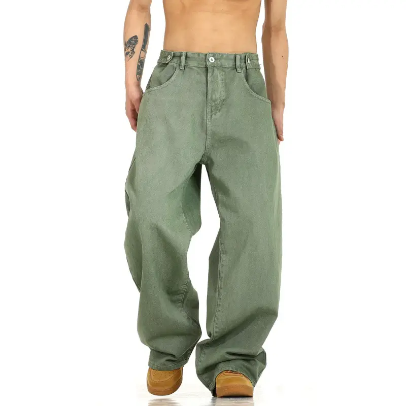 Men's Green Wide Leg Wash Denim Pants Dipped Design - Image 4
