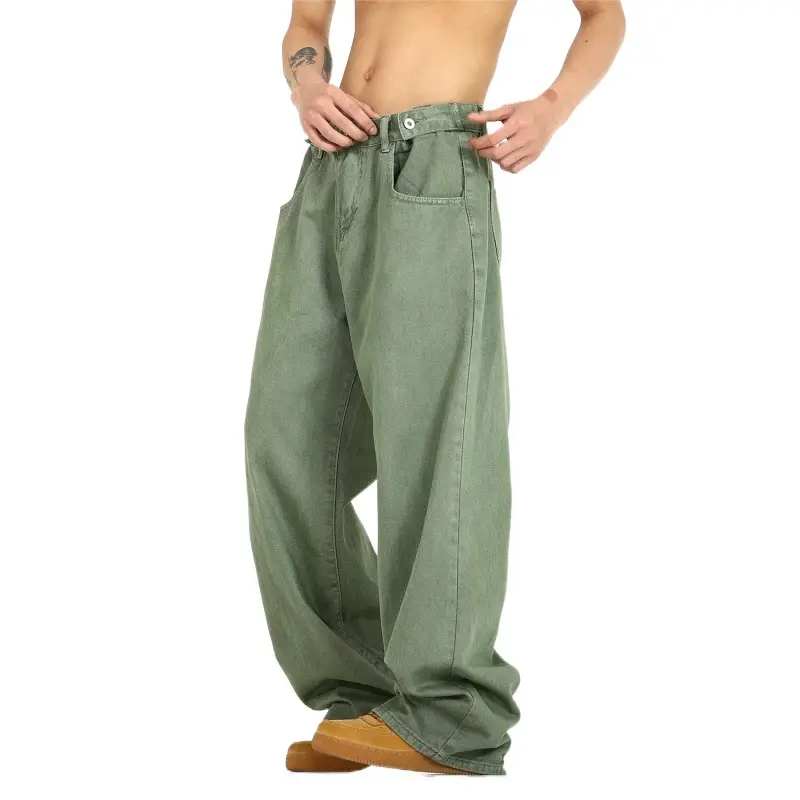 Men's Green Wide Leg Wash Denim Pants Dipped Design - Image 5
