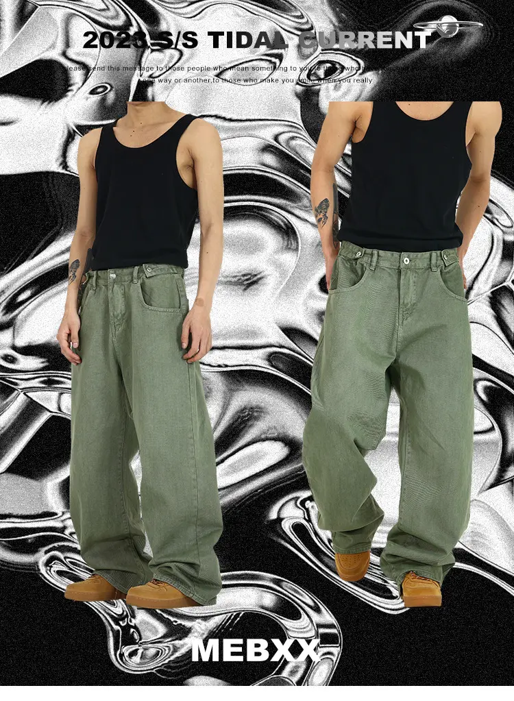 Men's Green Wide Leg Wash Denim Pants Dipped Design — feature 1