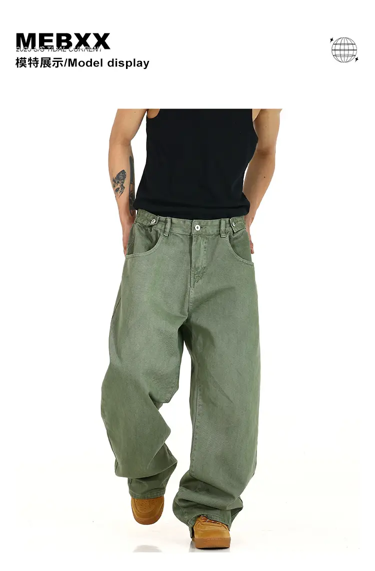 Men's Green Wide Leg Wash Denim Pants Dipped Design — feature 4