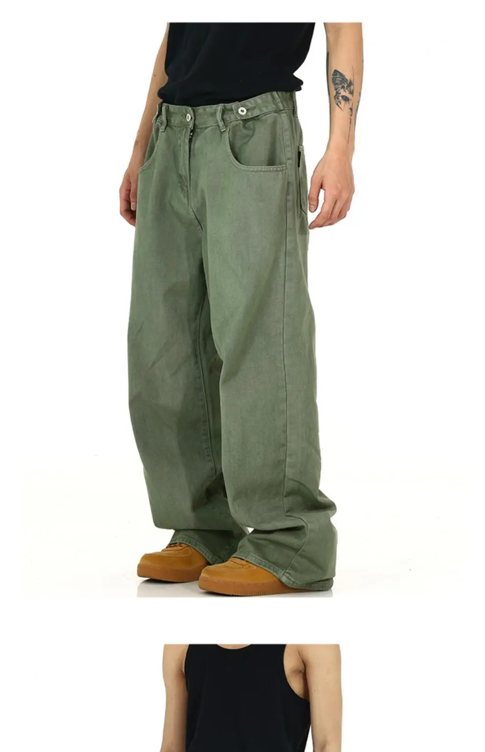 Men's Green Wide Leg Wash Denim Pants Dipped Design — feature 5