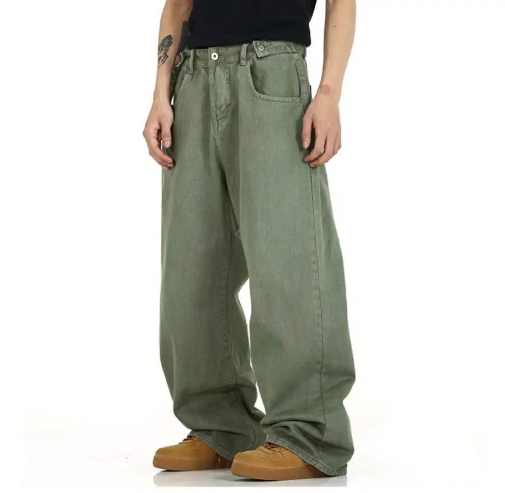 Men's Green Wide Leg Wash Denim Pants Dipped Design — feature 6