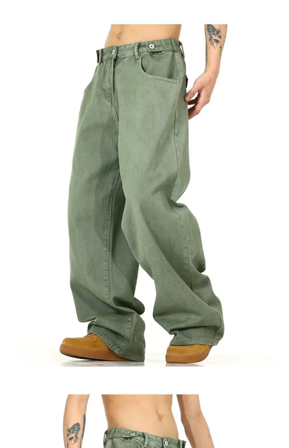 Men's Green Wide Leg Wash Denim Pants Dipped Design — feature 7
