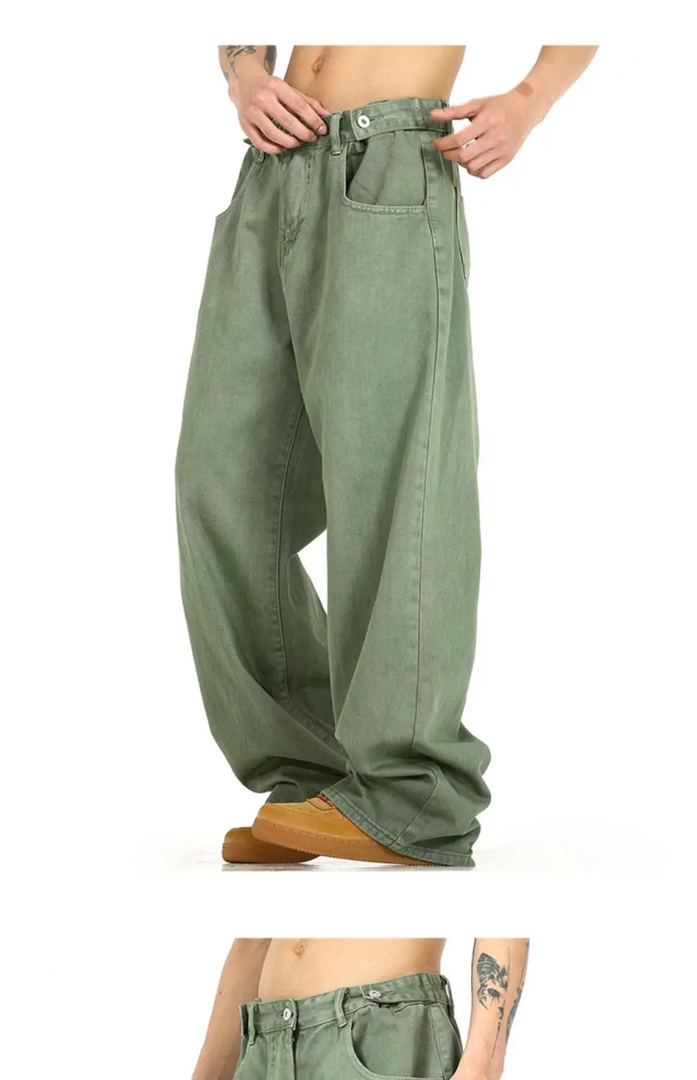 Men's Green Wide Leg Wash Denim Pants Dipped Design — feature 9