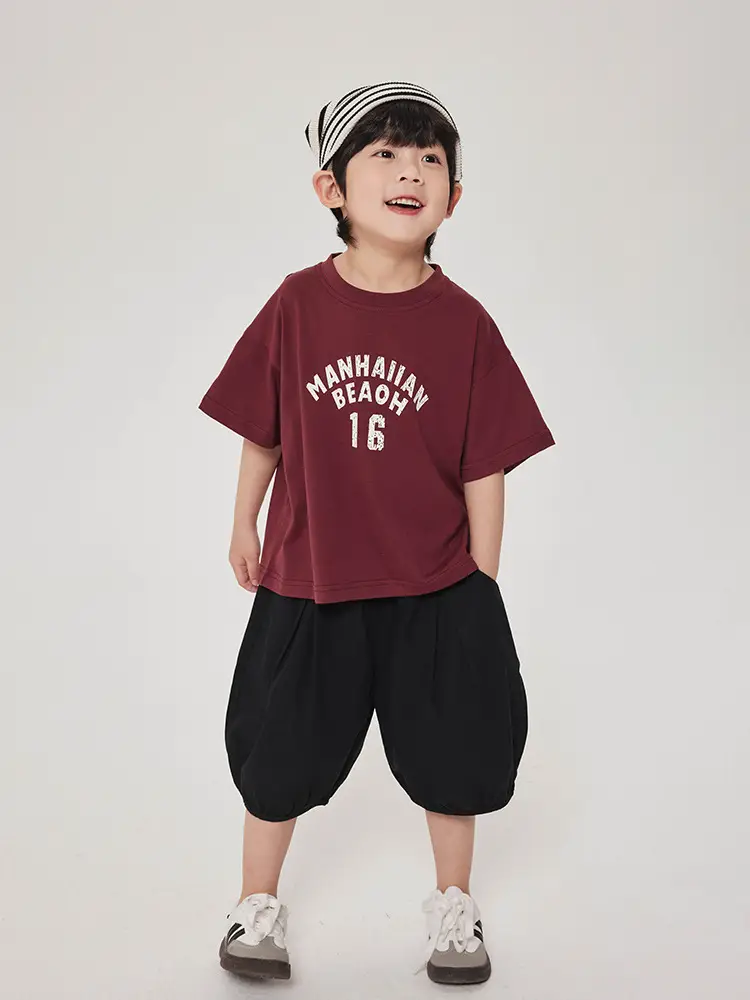 Boy's Maroon Short Sleeve T-Shirt 16 Print Korean Style - Image 4