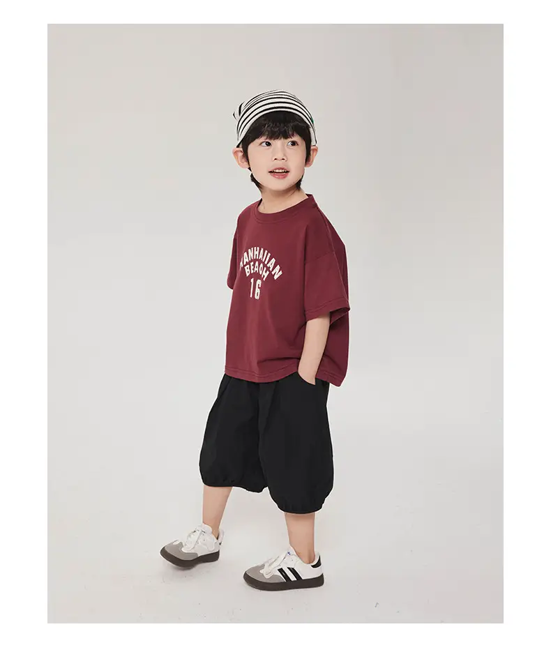 Boy's Maroon Short Sleeve T-Shirt 16 Print Korean Style — feature 12