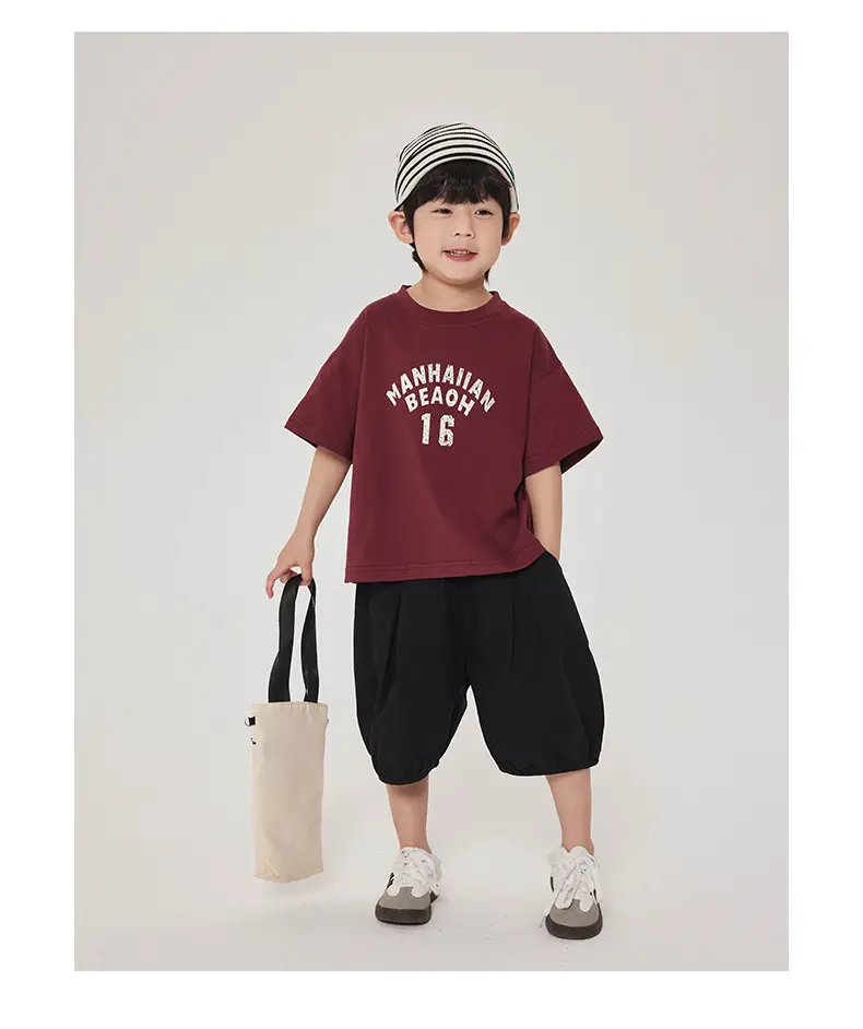 Boy's Maroon Short Sleeve T-Shirt 16 Print Korean Style — feature 13