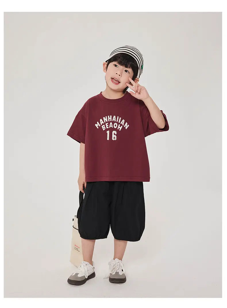 Boy's Maroon Short Sleeve T-Shirt 16 Print Korean Style — feature 14
