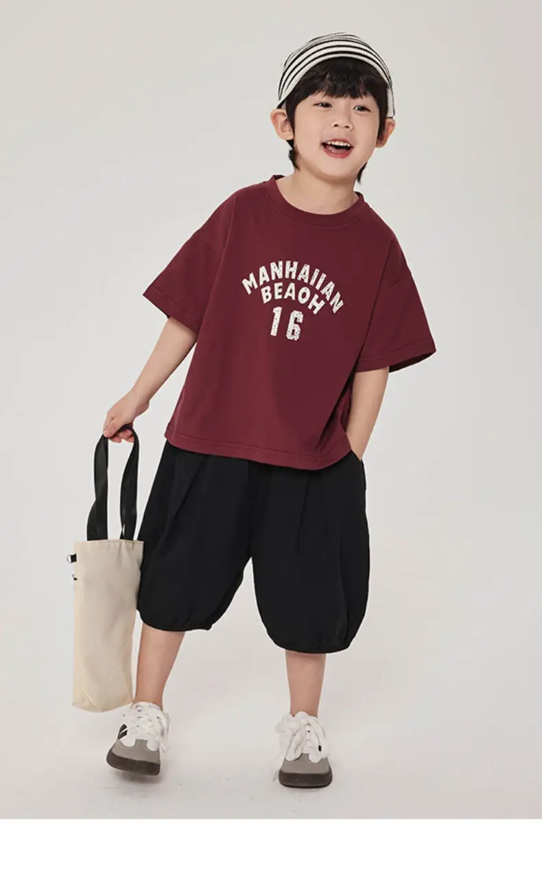 Boy's Maroon Short Sleeve T-Shirt 16 Print Korean Style — feature 2