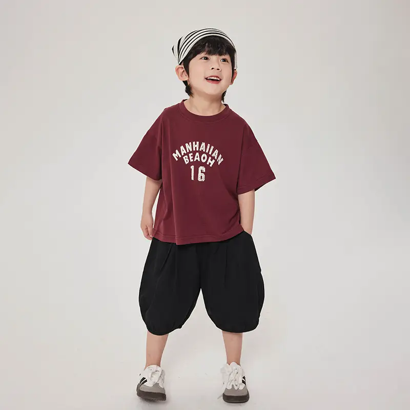 Boy's Maroon Short Sleeve T-Shirt 16 Print Korean Style - Image 2