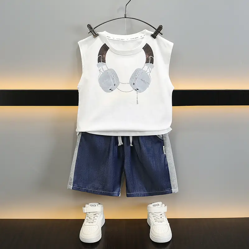 Kids Sleeveless Vest & Shorts Set Black Blue Summer - Image 3