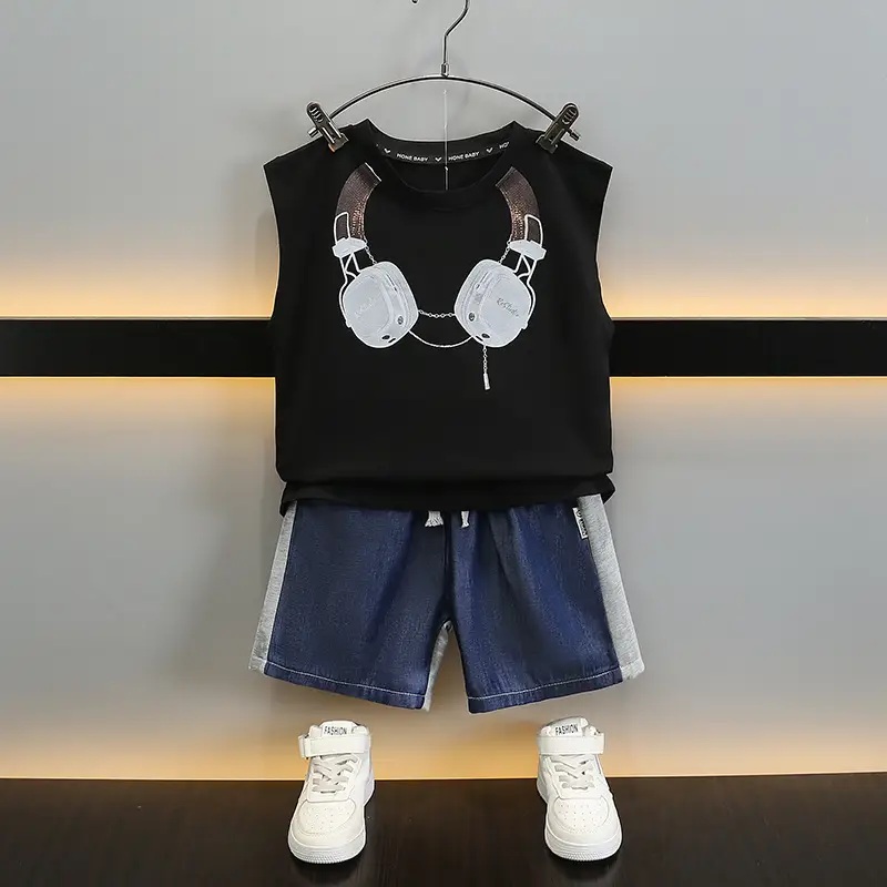 Kids Sleeveless Vest & Shorts Set Black Blue Summer - Image 4