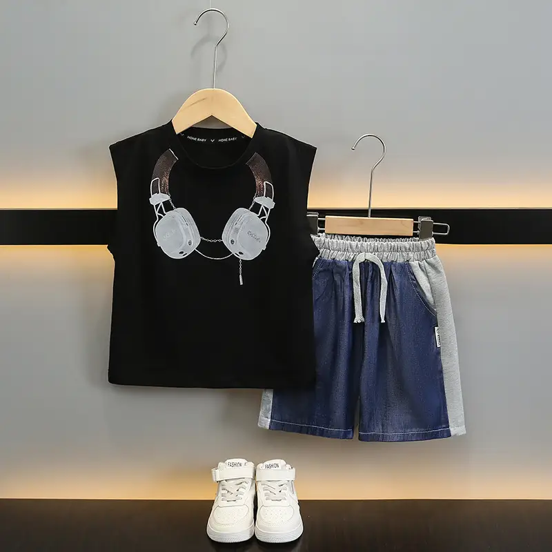 Kids Sleeveless Vest & Shorts Set Black Blue Summer - Image 2
