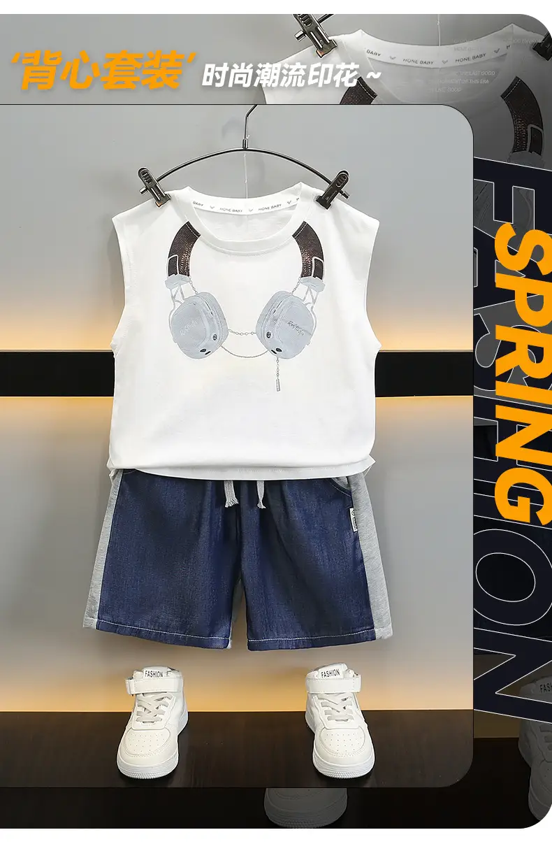 Kids Sleeveless Vest & Shorts Set Black Blue Summer — feature 1